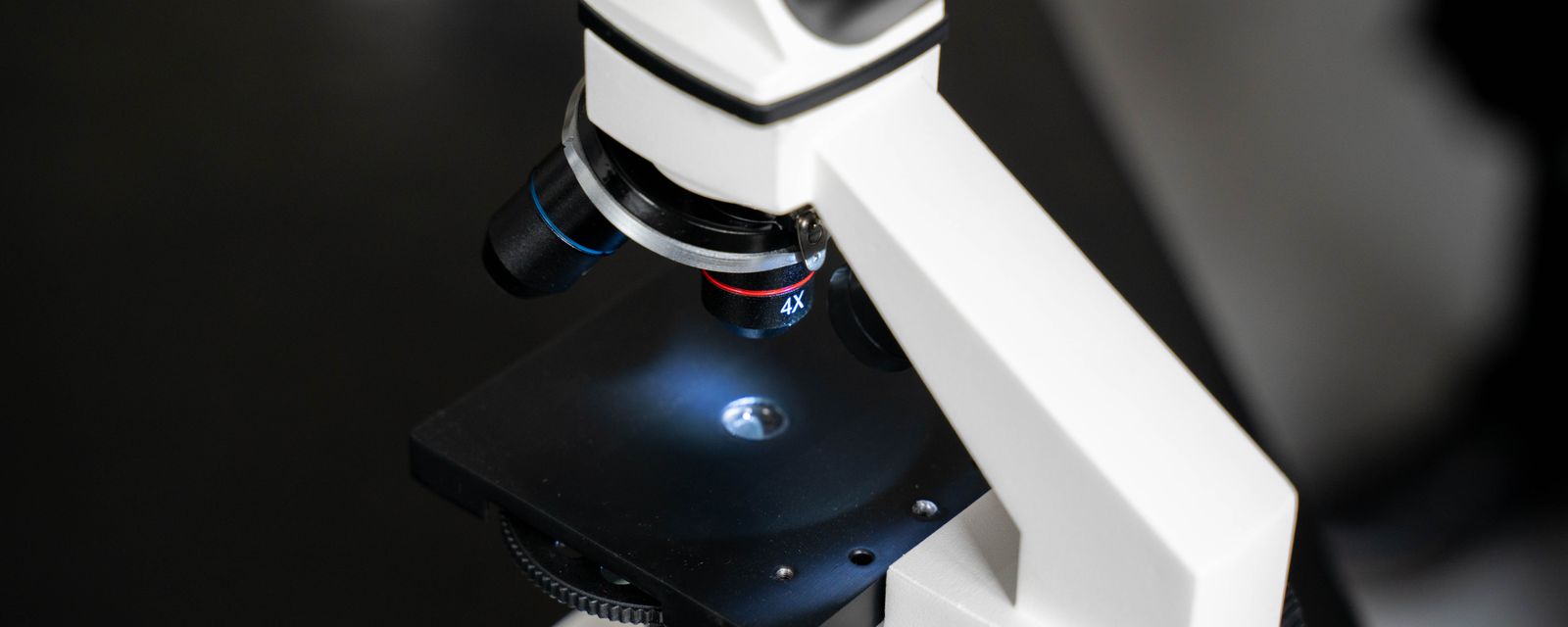 A laboratory microscope in close-up