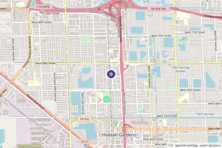 Map showing the location of Galan Aesthetics in Hialeah, FL