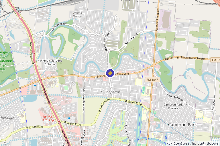 Map showing the location of Skin Perfections Med Spa in Brownsville, TX
