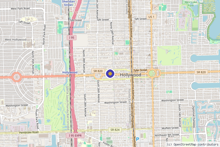 Map showing the location of O2pure Hyperbaric Oxygen Wellness in Hollywood, FL
