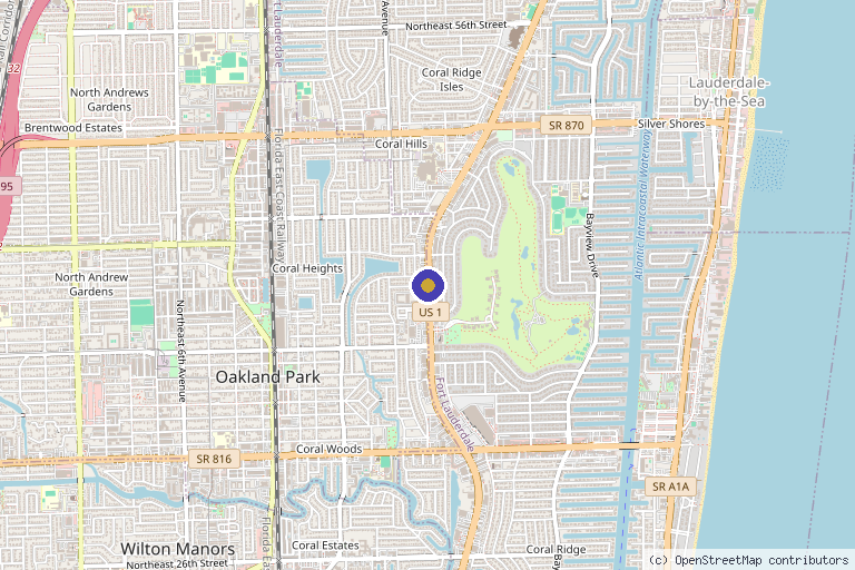 Map showing the location of Institute For Non-Surgical Orthopedics of Fort Lauderdale in Hollywood, FL
