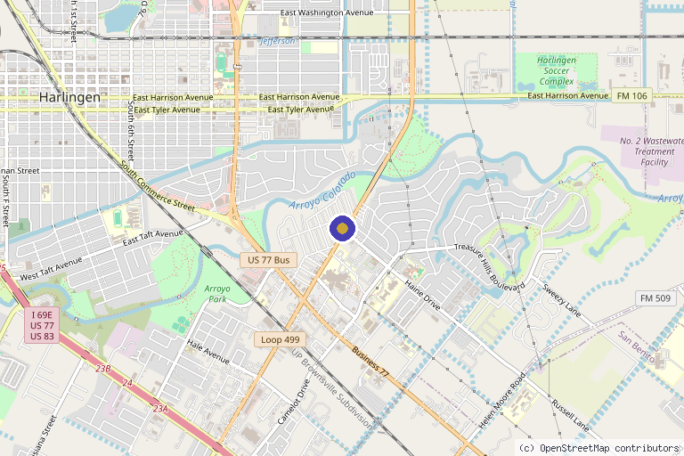 Map showing the location of MI GENTE WOUND CARE & CLINIC in Harlingen, TX