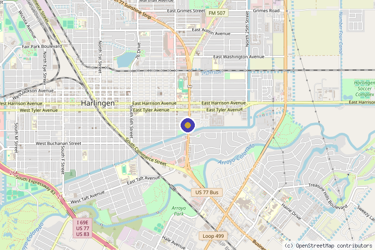 Map showing the location of Next Level Medical Clinic in Harlingen, TX