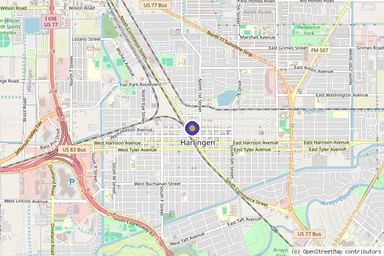 Map showing the location of Beyond Aesthetics Med Spas in Harlingen, TX