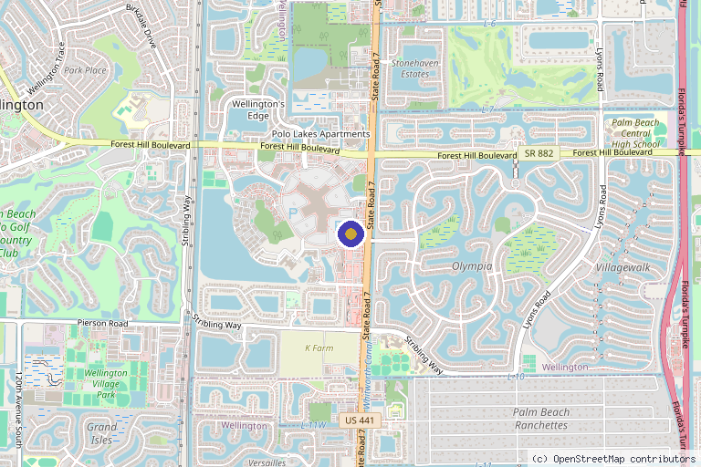 Map showing the location of Palm Beach Center for Dermatology & Aesthetics in Wellington, FL