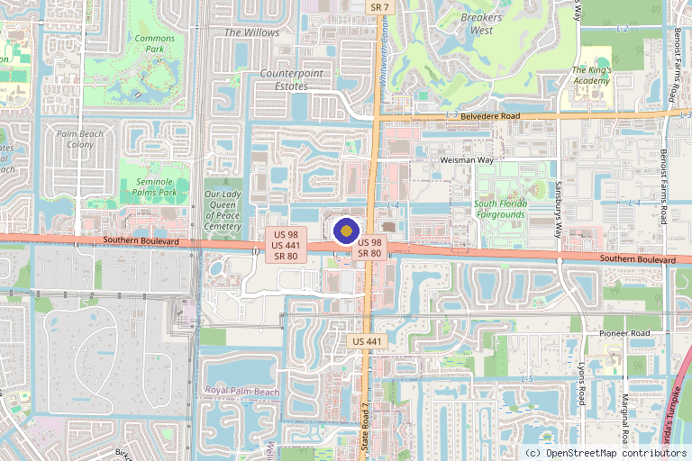 Map showing the location of Palm Beach HealthWorks - Hair Replacement | Joint Pain Therapy | Wellness & Weight Loss | TRT Therapy in Royal Palm Beach, FL