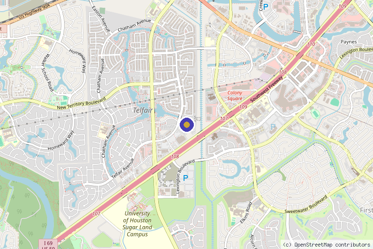 Map showing the location of Tahira Aesthetics and Lasers in Sugar Land, TX