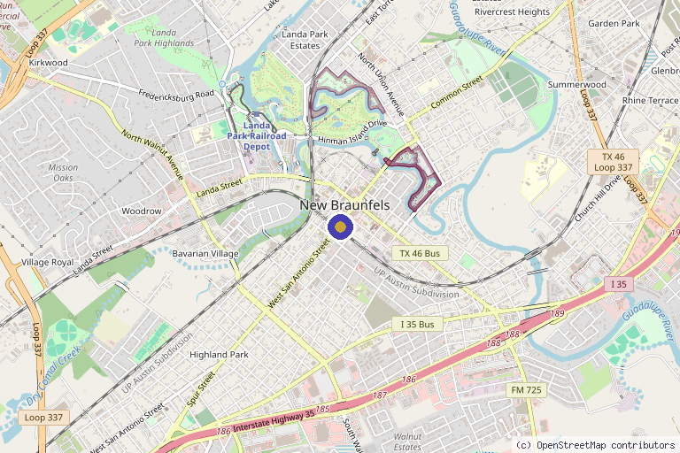Map showing the location of Sol Haus Aesthetics+Wellness+Boutique in New Braunfels, TX