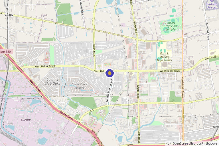 Map showing the location of Interventional Sports and Pain Management Associates: Okezie Okezie, MD, FAAPMR in Baytown, TX