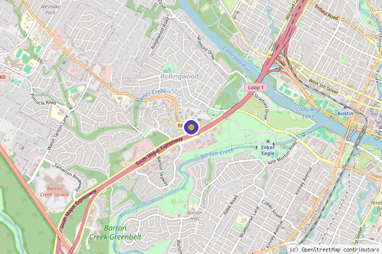 Map showing the location of Austin Ortho + Biologics in Austin, TX