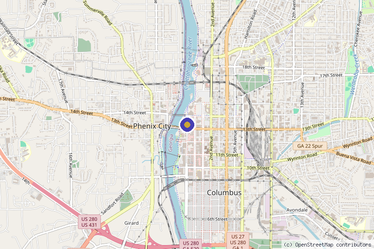 Map showing the location of Toxcology Regenerative Aesthetics & Wellness in Columbus, GA