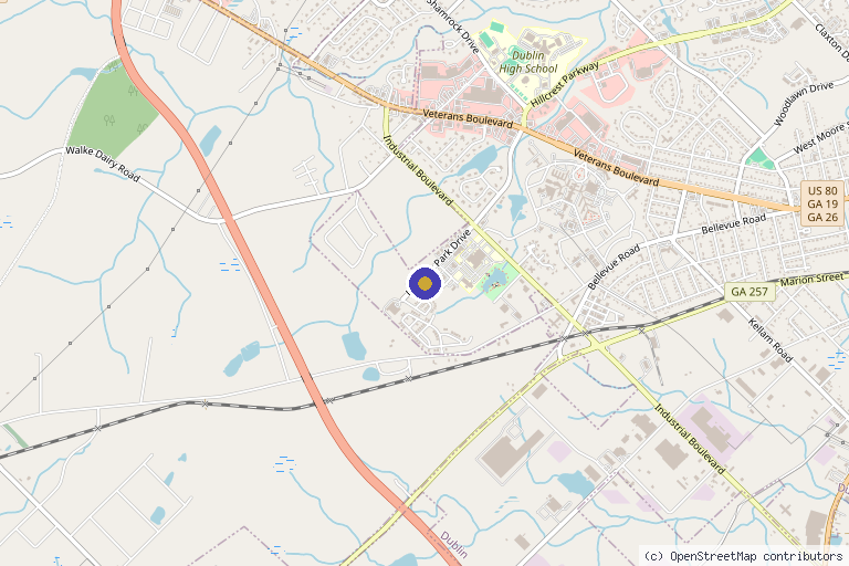 Map showing the location of The Hemlock Pain Center in Dublin, GA