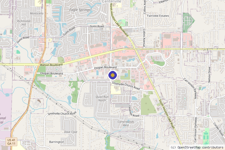 Map showing the location of Ageless Aesthetics Med Spa in Warner Robins, GA