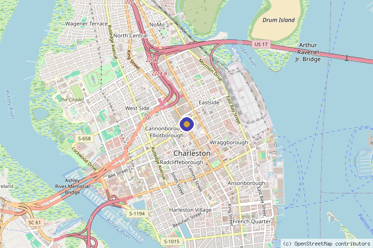 Map showing the location of The Drip Lounge in Charleston, SC