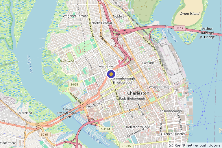 Map showing the location of Scarlett Hawkins MedSpa in Charleston, SC