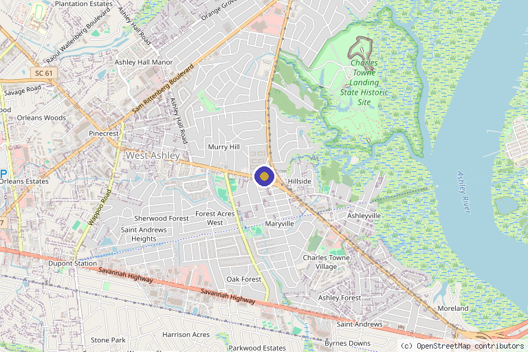 Map showing the location of The Spa West Ashley in Charleston, SC