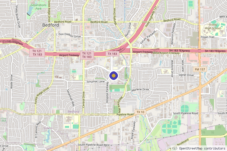 Map showing the location of Birch Medical & Wellness in Bedford, TX