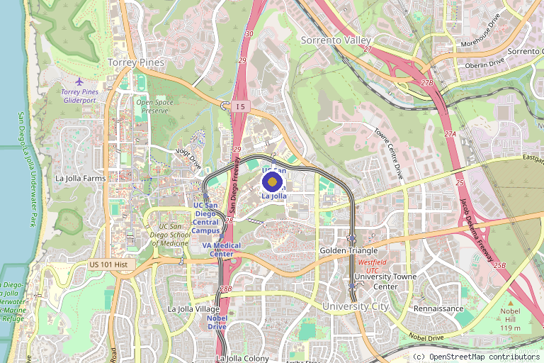 Map showing the location of Sanford Stem Cell Clinical Center at UC San Diego Health in San Diego, CA