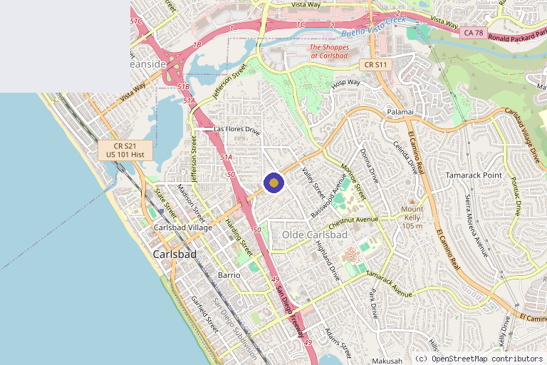 Map showing the location of True Radiance Aesthetics in Carlsbad, CA