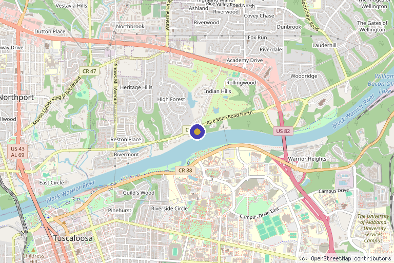 Map showing the location of Indian Hills Aesthetics in Tuscaloosa, AL