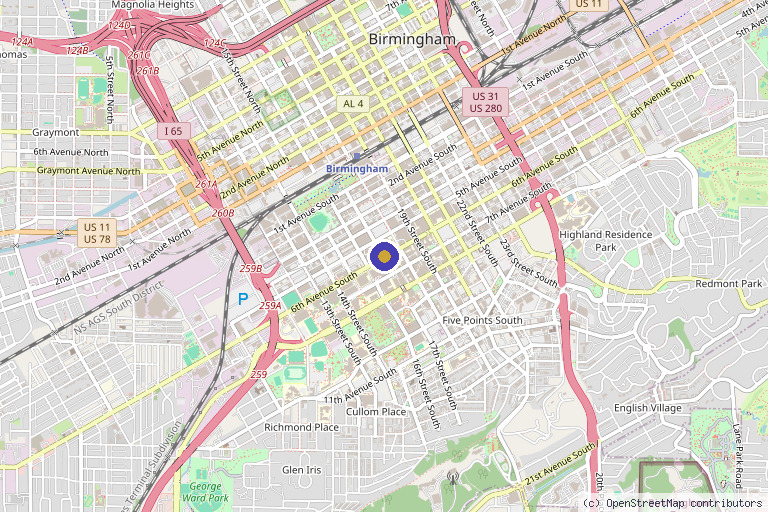 Map showing the location of UAB Bone Marrow Transplant in Birmingham, AL