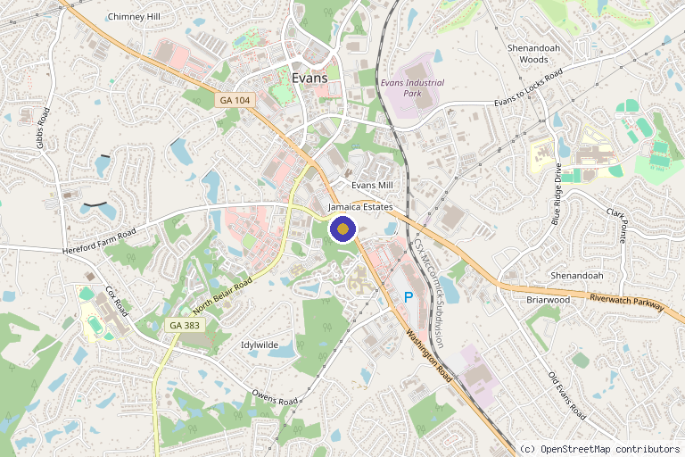 Map showing the location of Blue Alchemy IV Hydration+Wellness Infusions in Evans, GA