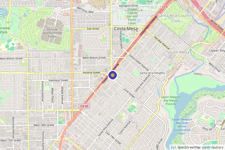 Map showing the location of Newport Medical and Wellness Center in Costa Mesa, CA