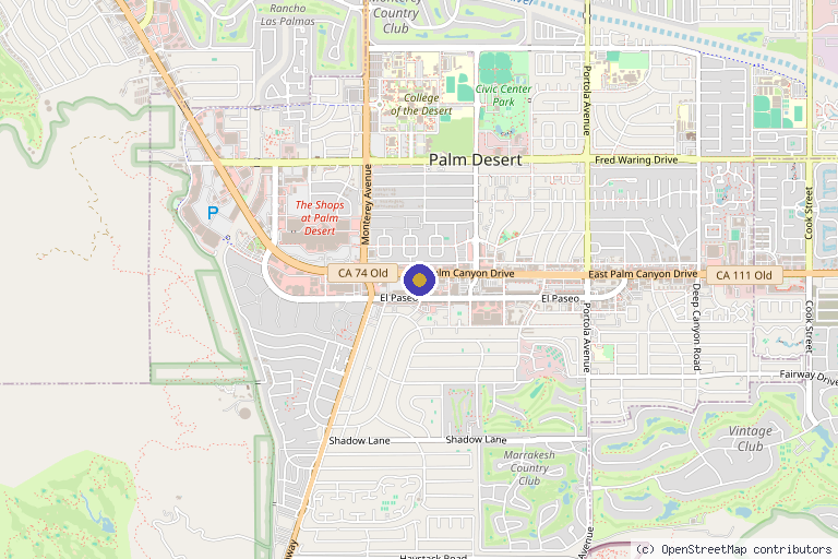 Map showing the location of Desert Glow Medical Aesthetics and Wellness in Palm Desert, CA