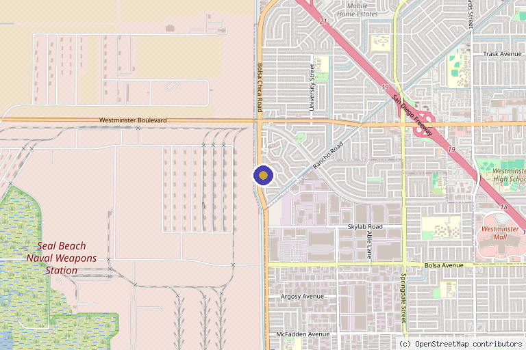 Map showing the location of The Den OC in Westminster, CA