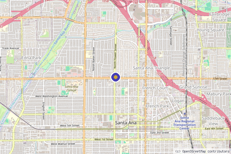 Map showing the location of Wang Plastic Surgery & Med Spa - Santa Ana in Santa Ana, CA