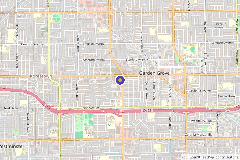 Map showing the location of West Coast Aesthetics in Garden Grove, CA