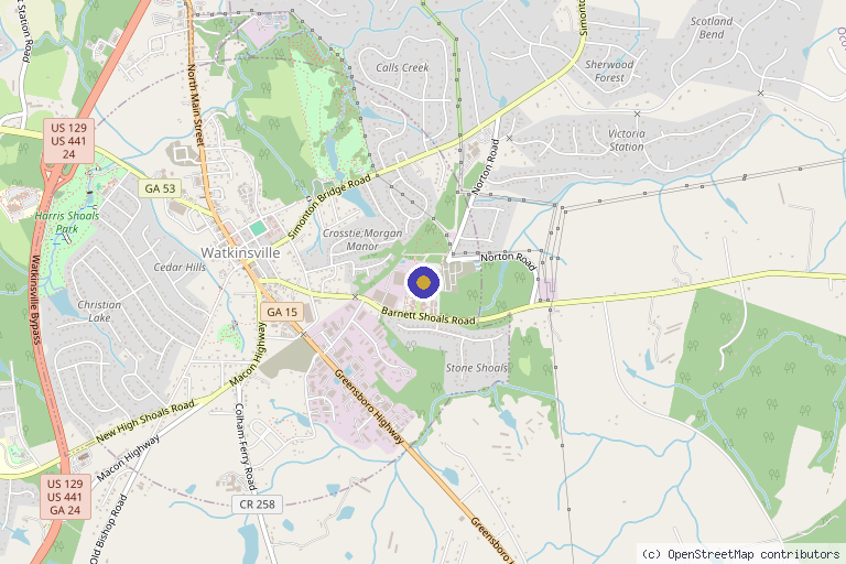Map showing the location of Thrive Therapeutics and Recovery in Watkinsville, GA