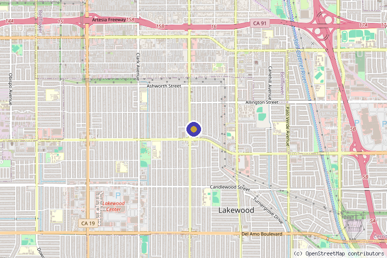 Map showing the location of PuraVida Wellness in Lakewood, CA
