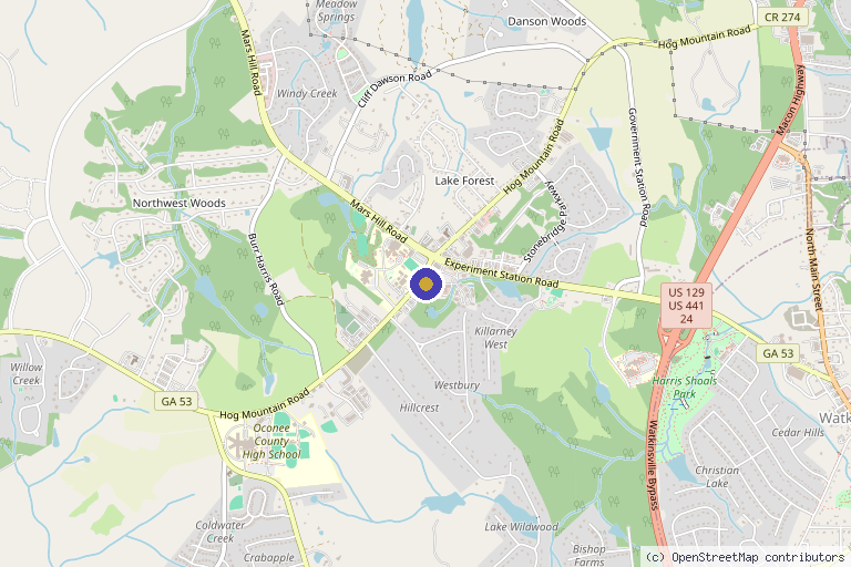 Map showing the location of Urgent Care of Oconee - Watkinsville in Watkinsville, GA