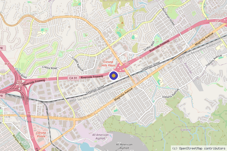 Map showing the location of The Body Bar in Corona, CA