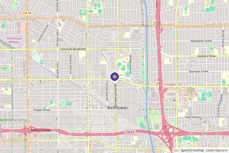 Map showing the location of REhydrate Aesthetics & Wellness in Bellflower, CA