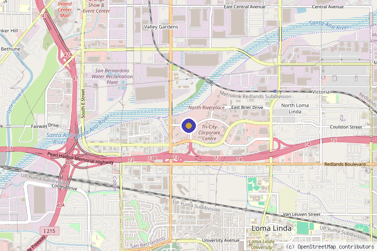 Map showing the location of The San Bernardino County Department of Public Health in San Bernardino, CA