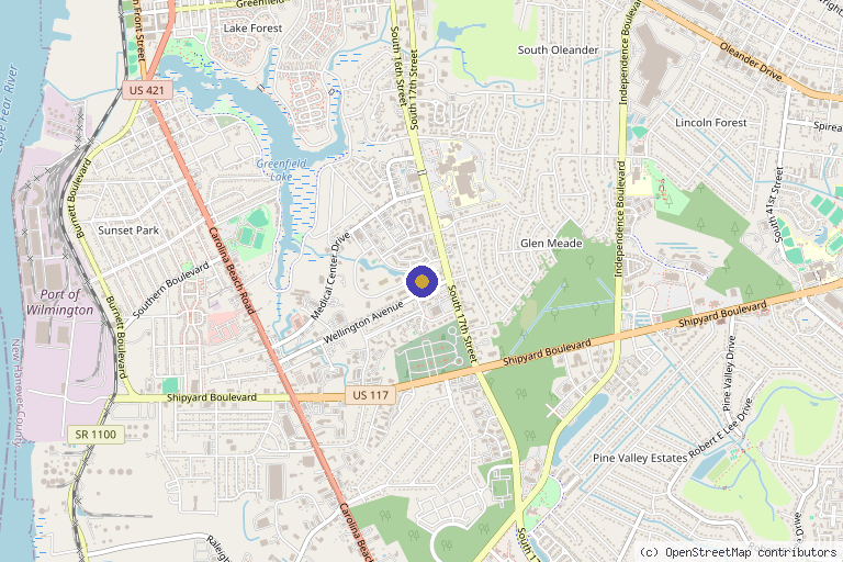 Map showing the location of Center For Pain Management & Orthobiologic Medicine - Wilmington NC in Wilmington, NC