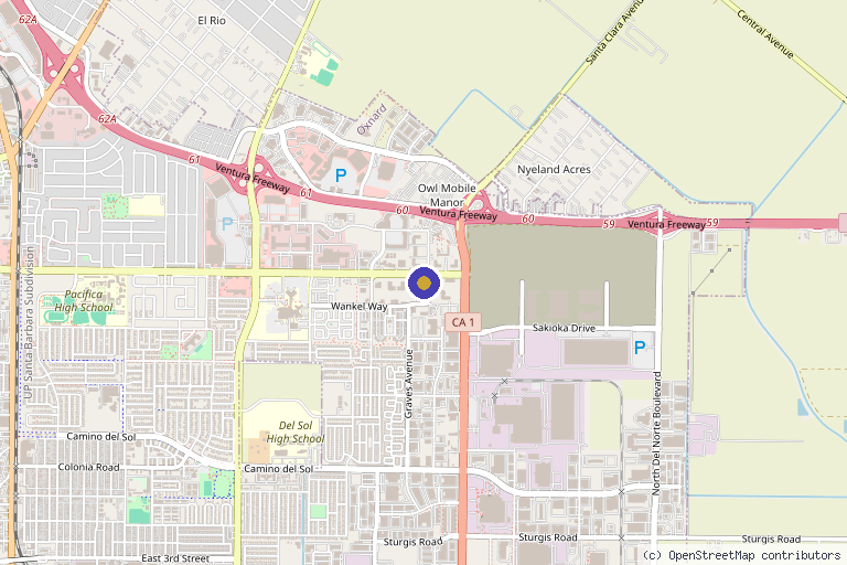 Map showing the location of Celebrating Women Center for Health Beauty Wellness in Oxnard, CA