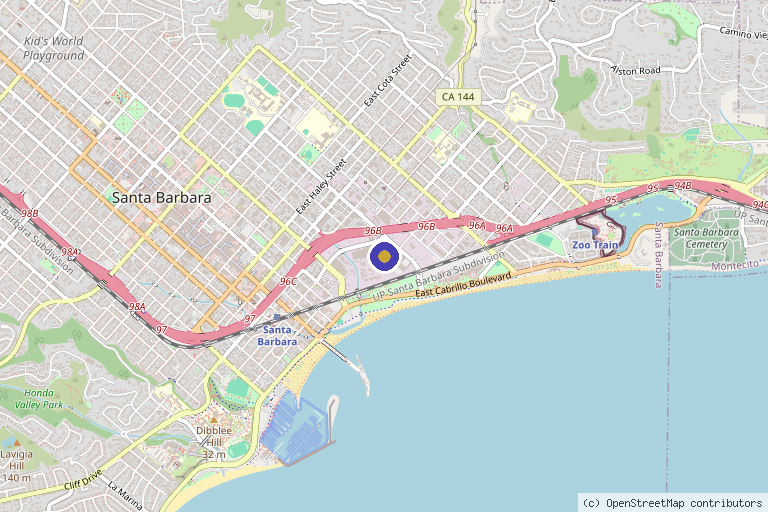 Map showing the location of The Training Room Dr. Brisby Sports Medicine Center in Santa Barbara, CA