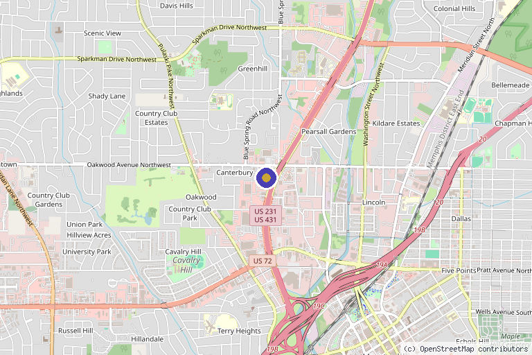 Map showing the location of Health Unlimited in Huntsville, AL