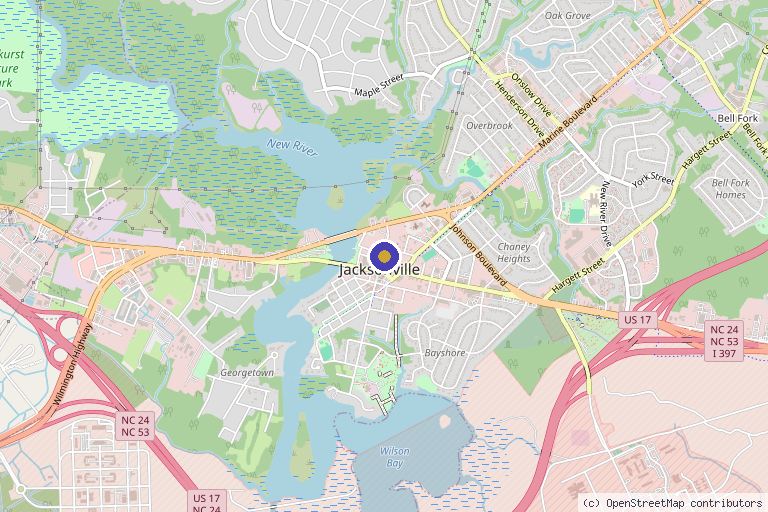 Map showing the location of Coastal Massage And Wellness in Jacksonville, NC