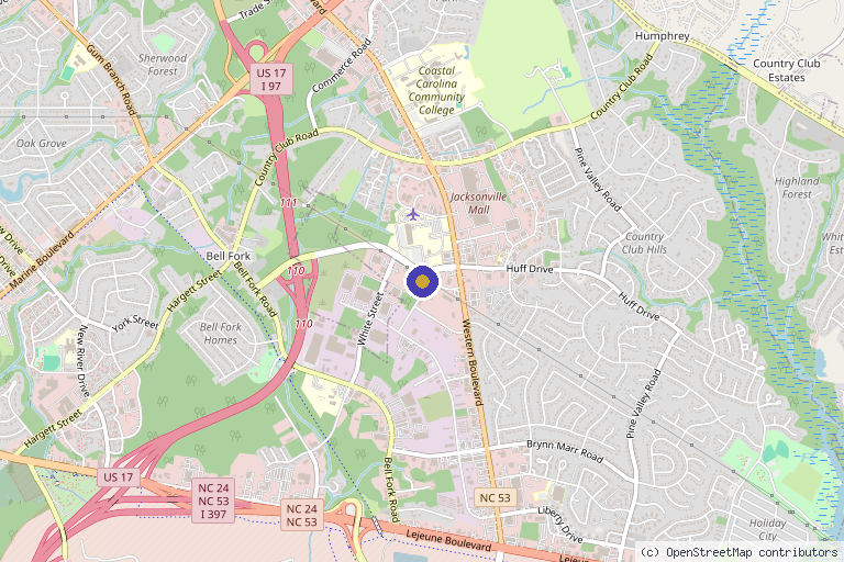 Map showing the location of Southeastern Medical Oncology Center in Jacksonville, NC
