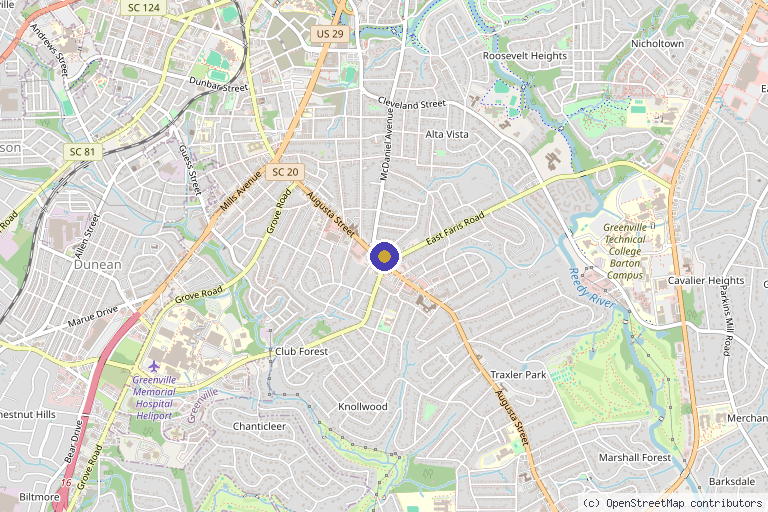 Map showing the location of Augusta Road Aesthetics in Greenville, SC