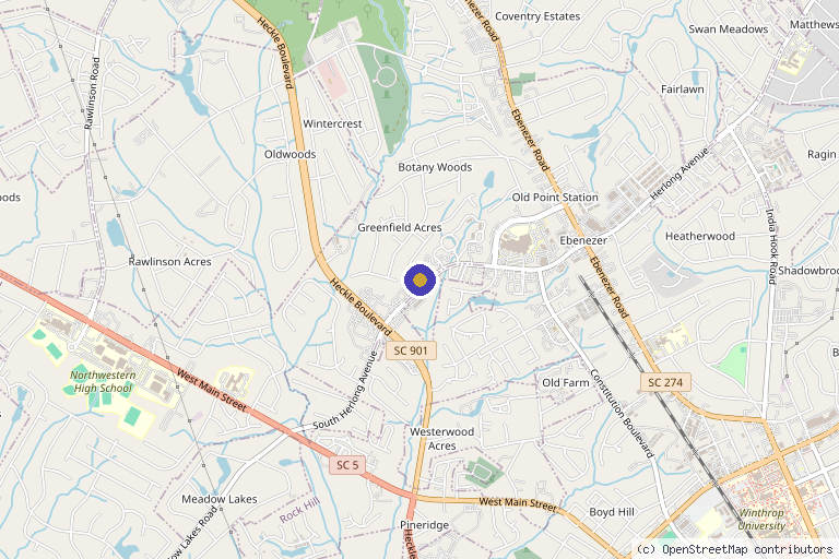 Map showing the location of Rumor Medical Aesthetics in Rock Hill, SC