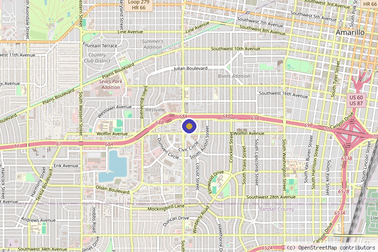Map showing the location of Bella Luna by Beautiful You Aesthetic Center in Amarillo, TX