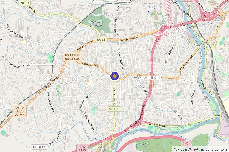 Map showing the location of West Asheville Aesthetics & Wellness in Asheville, NC