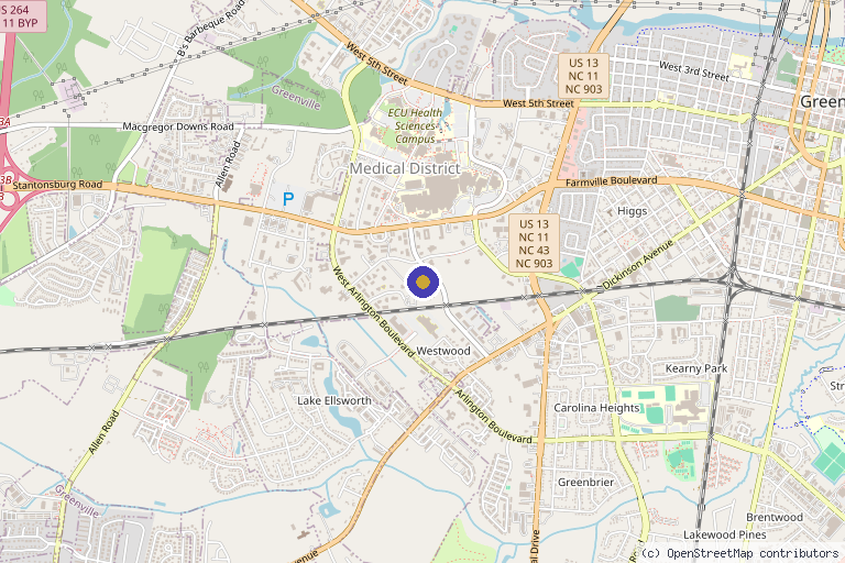 Map showing the location of Orthopaedics East & Sports Medicine Center in Greenville, NC