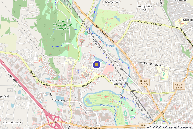 Map showing the location of Tennessee Pain Associates (David Delatte MD) in Murfreesboro, TN