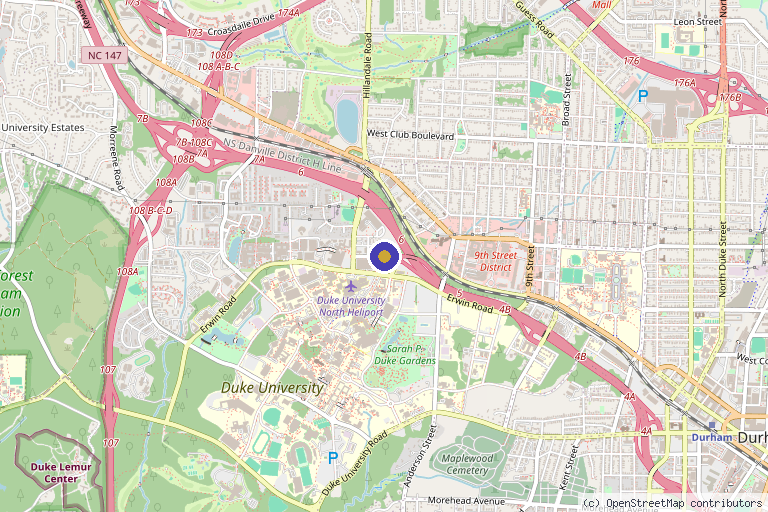 Map showing the location of Duke Comprehensive Sickle Cell in Durham, NC